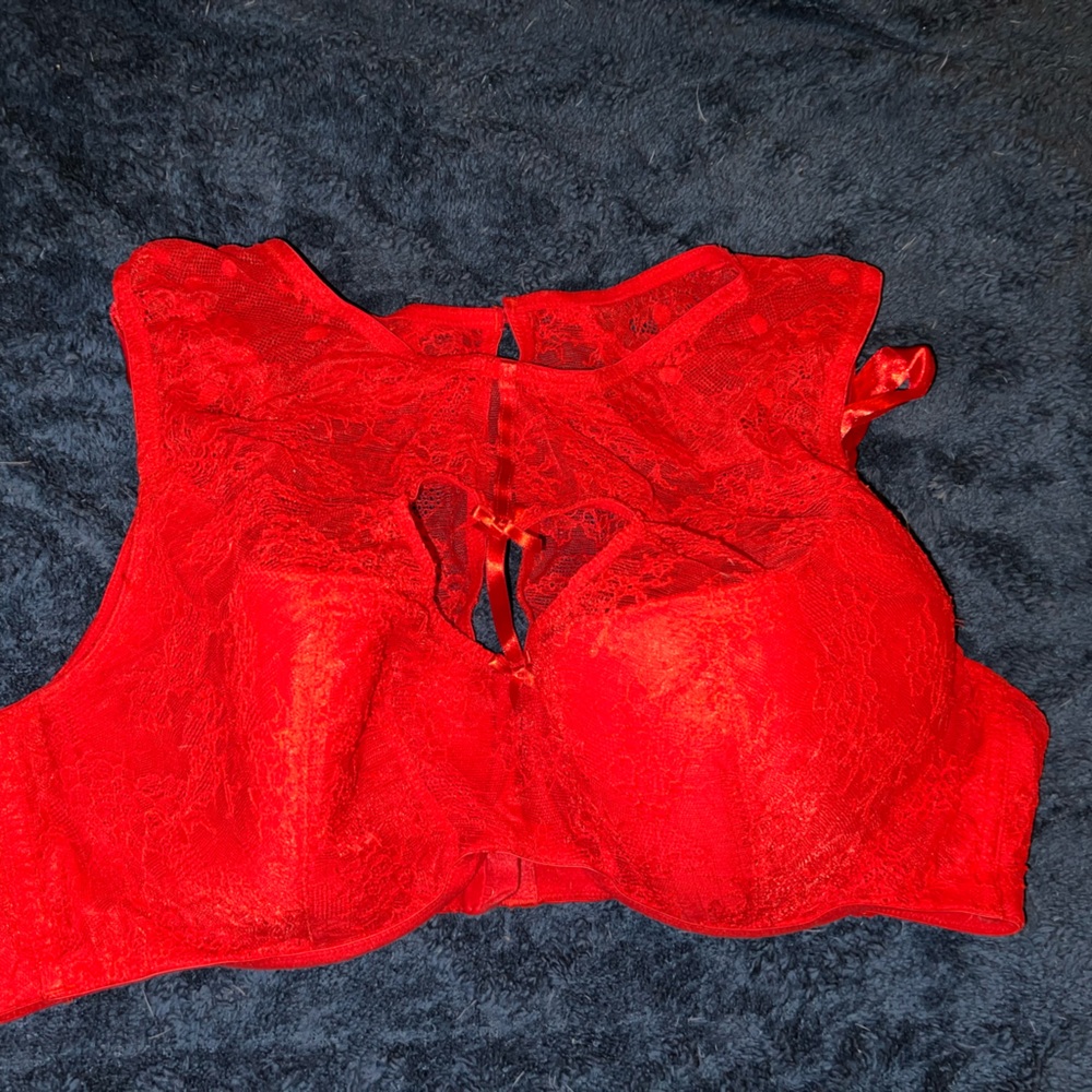Red lace heart cut out underwire bra